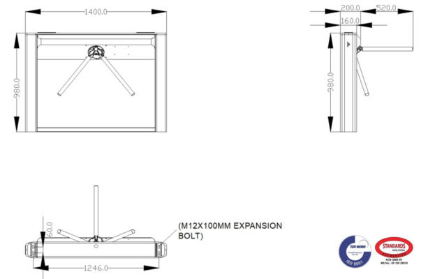 Kích thước Cửa tay xoay 3 chấu MAG 257